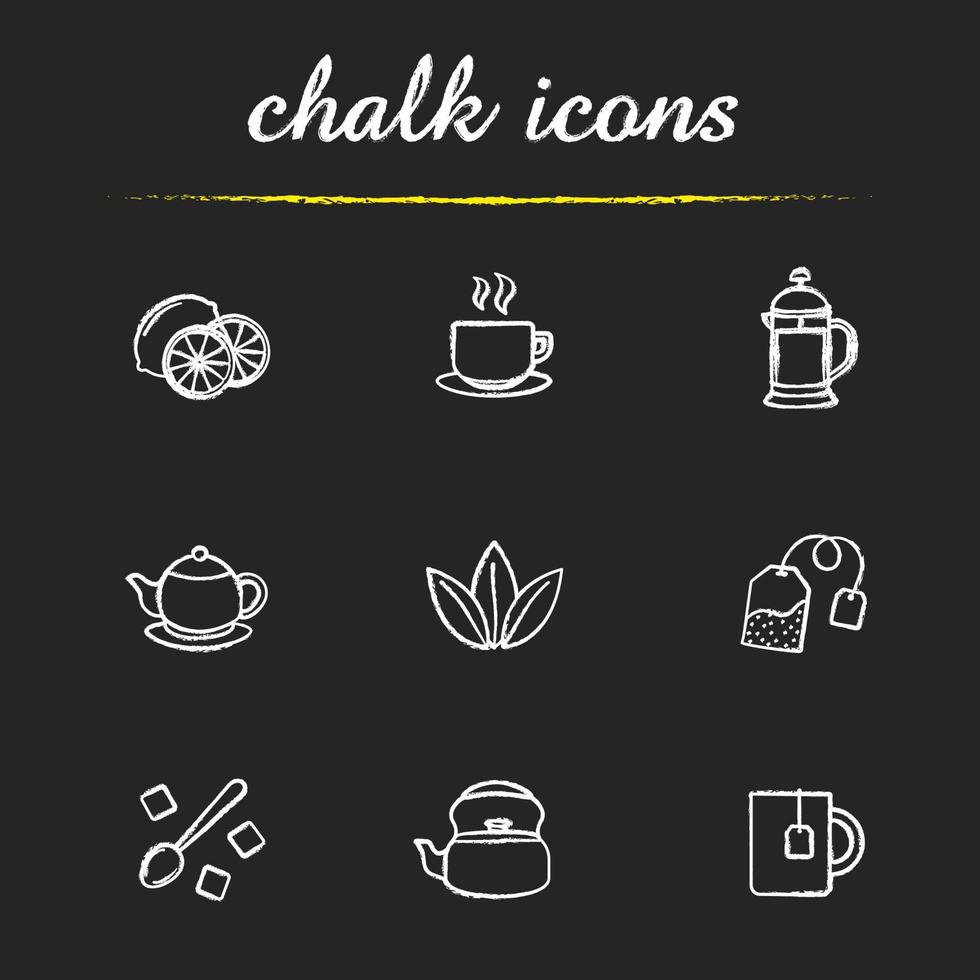 Tea icons set. Lemons, steaming cup on plate, french press, teapot, loose tea leaves, refined sugar cubes, kettle, mug with teabag illustrations. Isolated vector chalkboard drawings