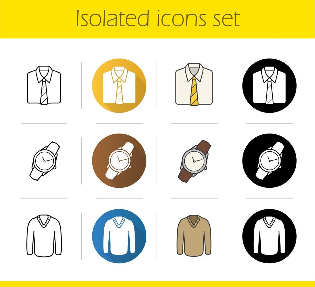 Men's accessories and clothes icons set. Flat design, linear, black and color styles. Shirt and tie, wristwatch and pullover isolated vector illustrations
