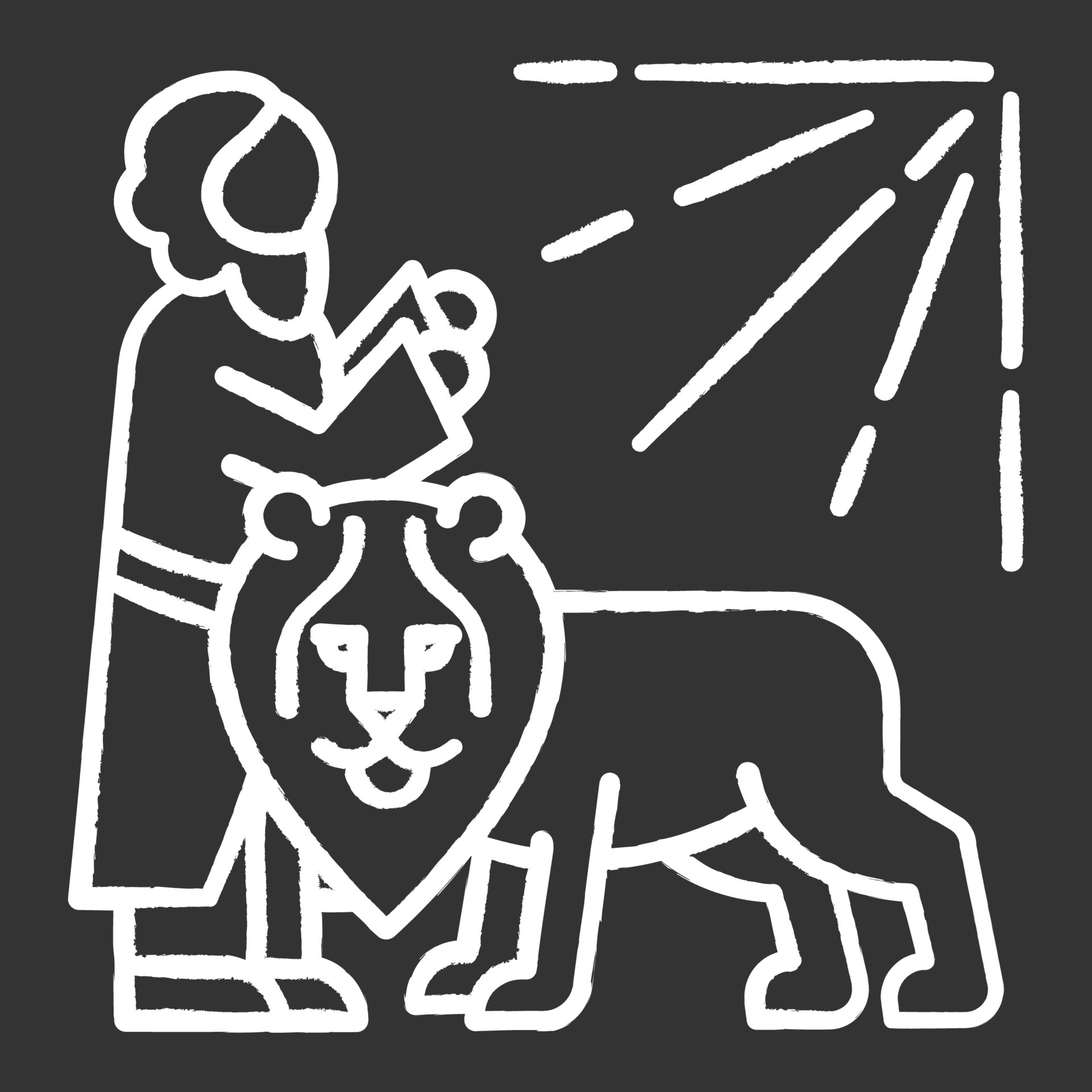 Daniel in lion den Bible story chalk icon. Legendary hero praying