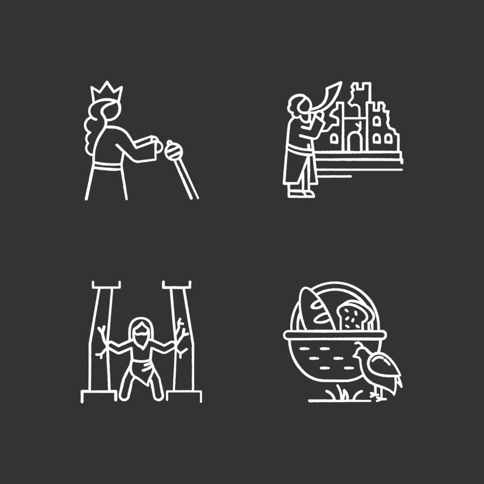 Bible narratives chalk icons set. Samson, manna and quail, The fall of Jericho myths. Religious legends. Christian religion. Biblical stories plot. Isolated vector chalkboard illustrations