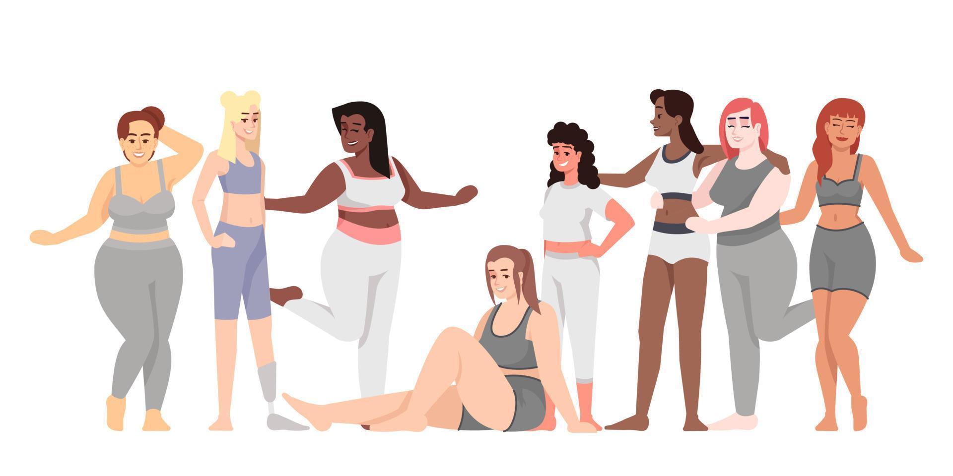 mujeres vestidas con ropa deportiva ilustración vectorial plana. cuerpo positivo y feminismo. estilo de vida saludable. Señoras sonrientes de diferentes nacionalidades personaje de dibujos animados aislado sobre fondo blanco. vector