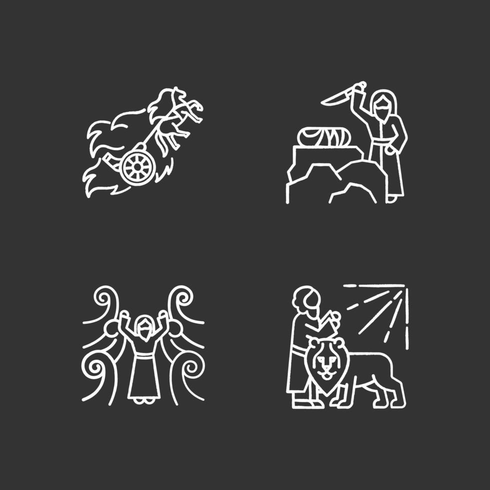 Bible narratives chalk icons set. Chariot of fire, binding of Isaac myths. Religious legends. Christian religion, holy book scenes plot. Biblical stories. Isolated vector chalkboard illustrations