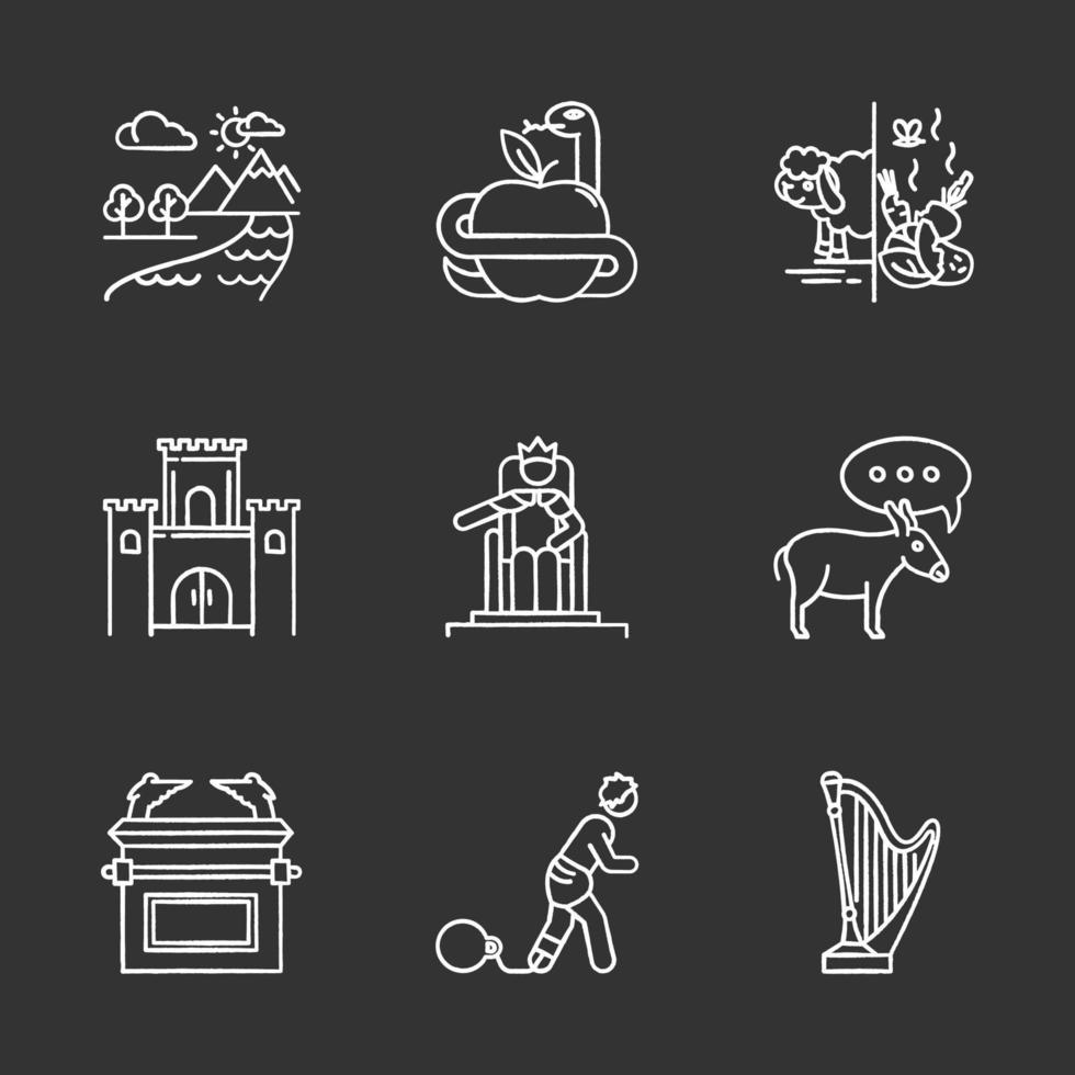 Bible narratives chalk icons set. Adam and Eve, Solomon Temple myths. Religious legends. Christian religion, holy and sacred book, Biblical stories plot. Isolated vector chalkboard illustrations