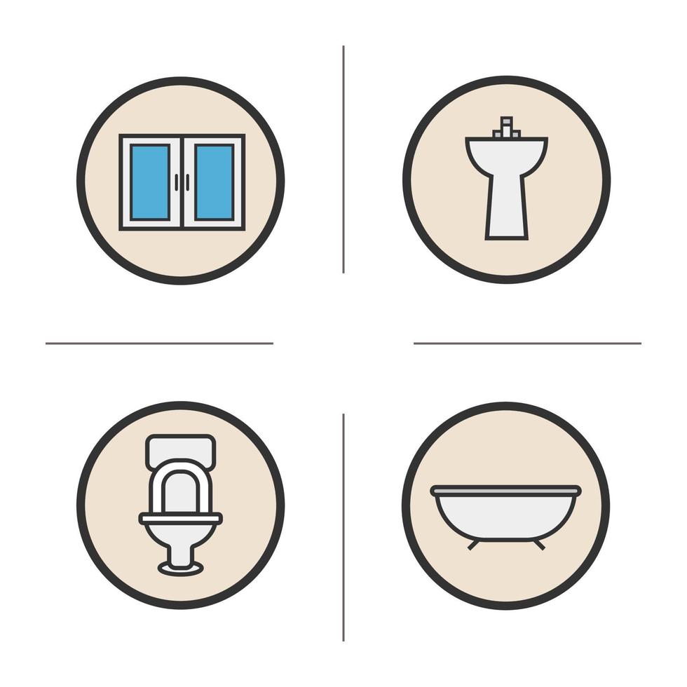 Bathroom color icons set. Cabinet, bath, toilet, washstand. Vector isolated illustrations