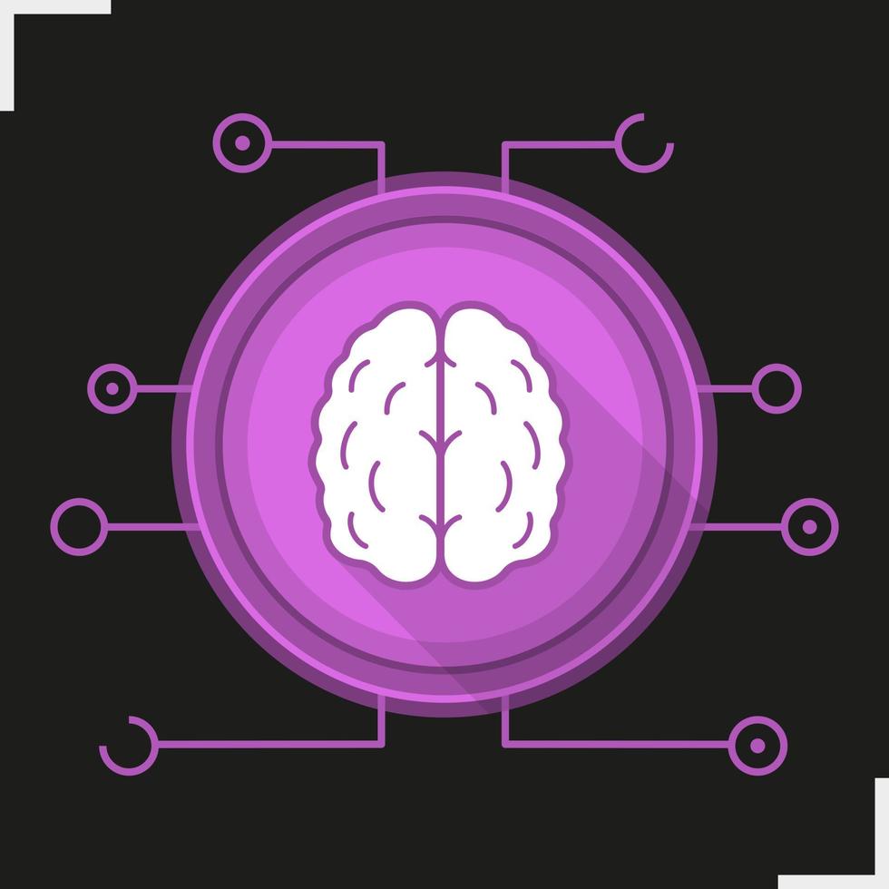 Icono de larga sombra de diseño plano de redes neuronales. neurología. cerebro humano. símbolo de silueta de vector de inteligencia artificial