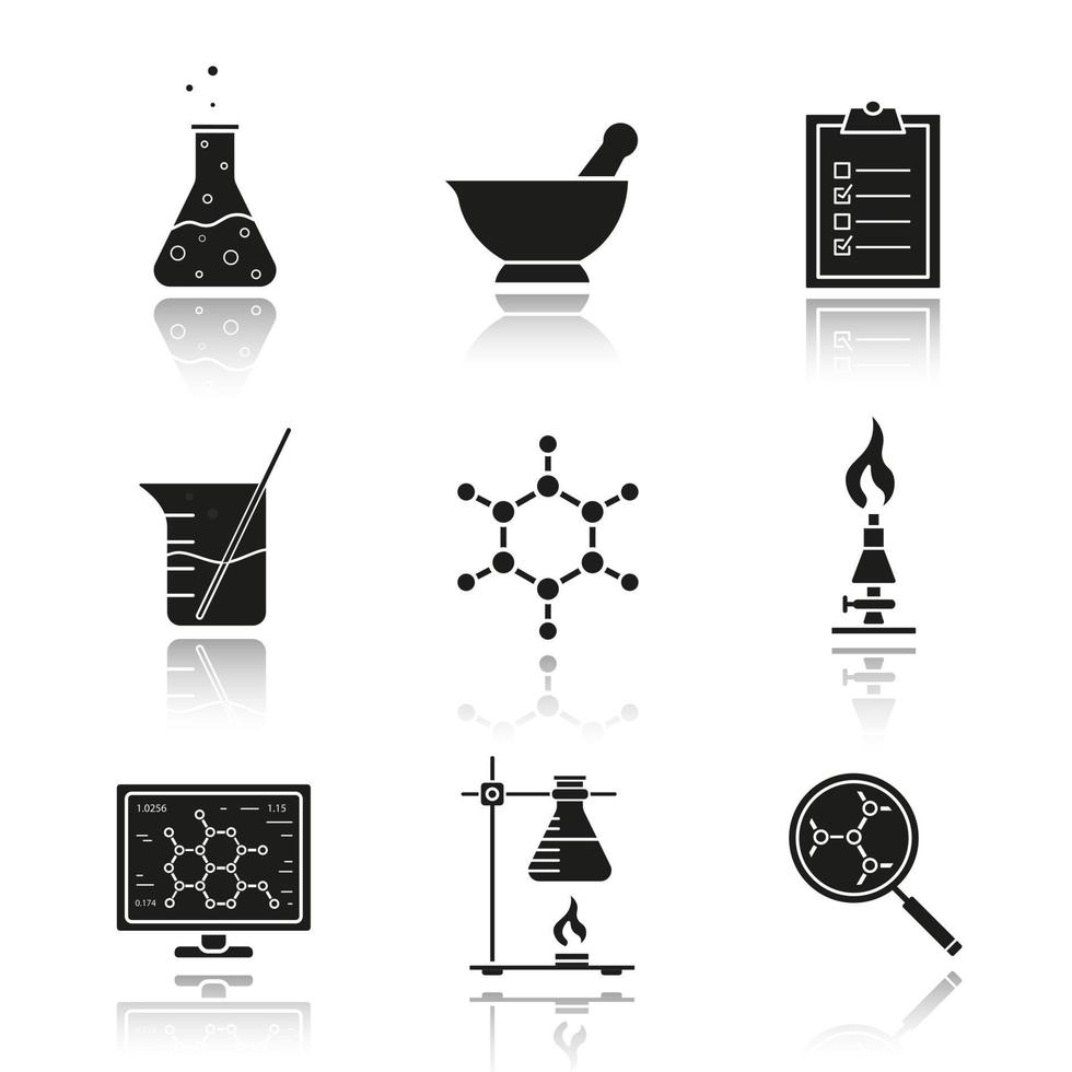 Chemical laboratory equipment drop shadow black icons set. Beaker with rod, chemical reaction and test checklist. Molecule structure and lab burner. Chemistry lab tools isolated vector illustrations