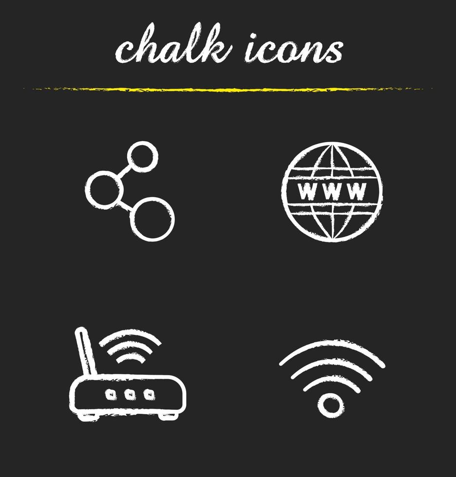 Internet icons set. Connection, www, wi fi router and signal illustrations. Isolated vector chalkboard drawings