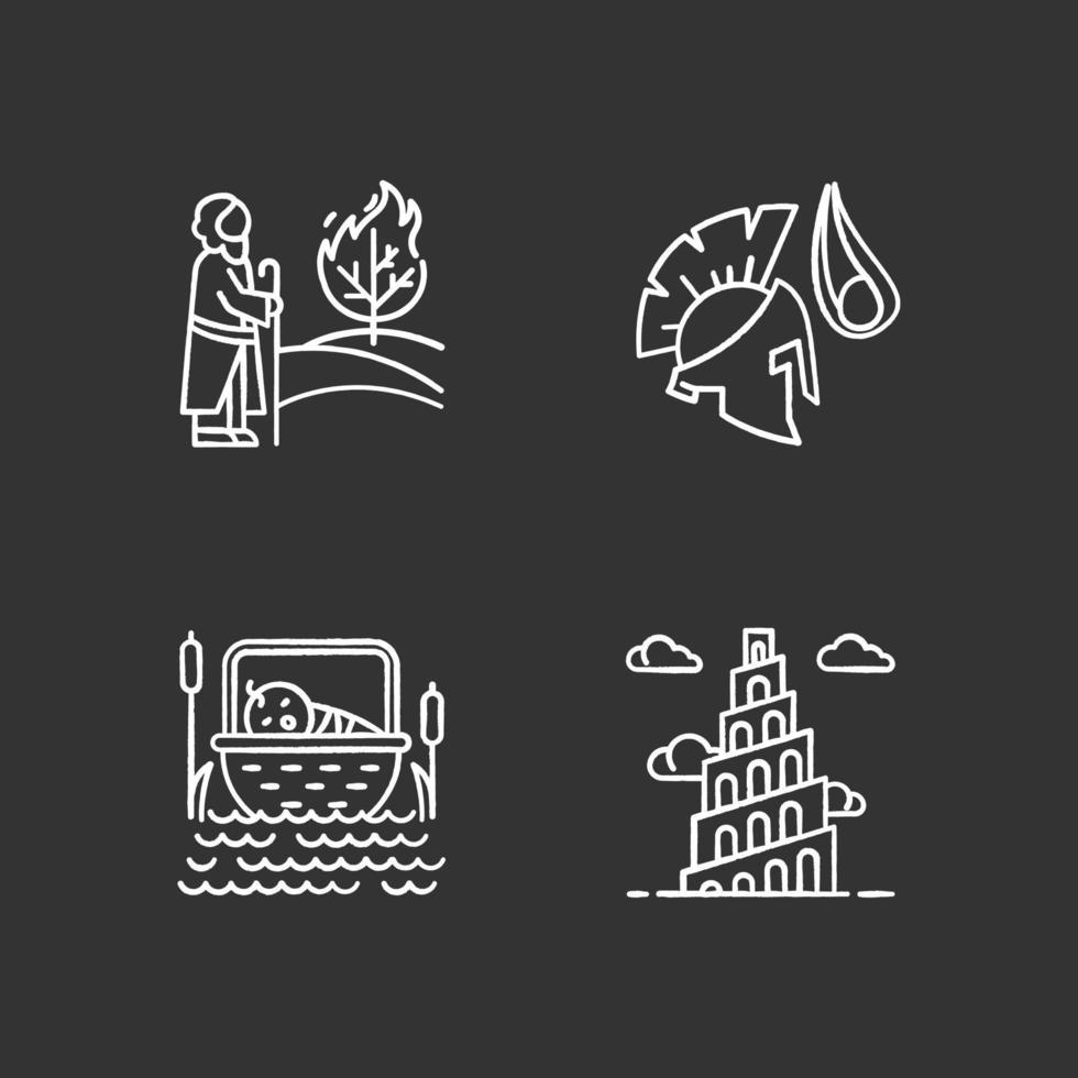 Bible narratives chalk icons set. The birth of Moses, David and Goliath, Babel tower myths. Religious legends. Christian religion. Biblical stories. Isolated vector chalkboard illustrations