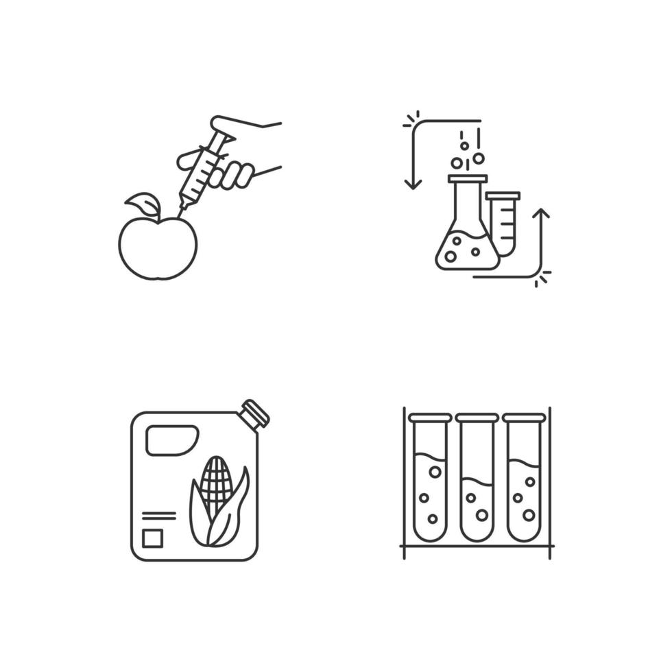 Science and nature linear icons set. Experiment method. Work in laboratory. Microbiology scientist. Organic chemistry. Thin line contour symbols. Isolated vector outline illustrations. Editable stroke