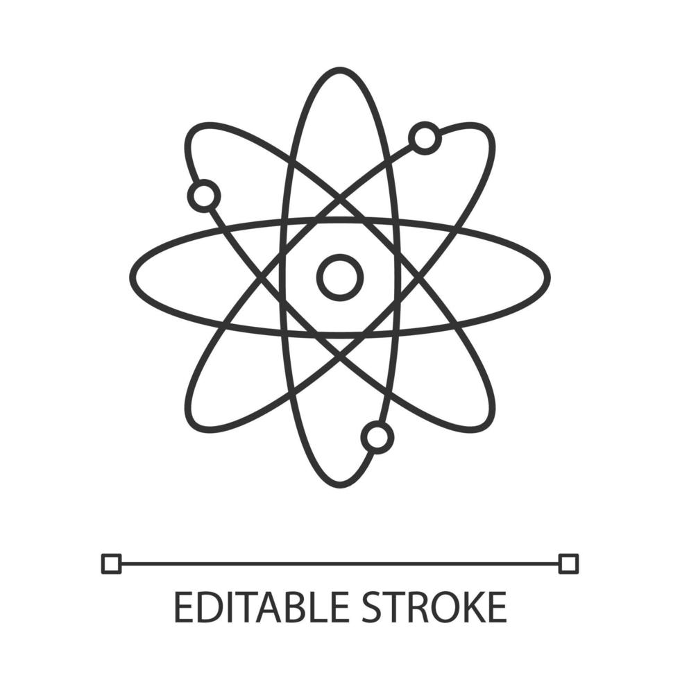 Molecule atom linear icon. Nuclear energy source. Atom core with electrons orbits. Science symbol. Thin line illustration. Contour symbol. Vector isolated outline drawing. Editable stroke