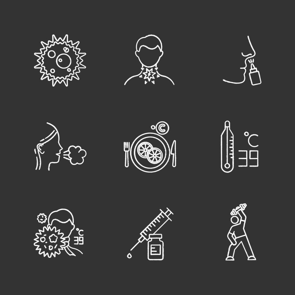 Common cold chalk icons set. Virus infection. Sore throat. Drip nose. Girl cough. Vitamin C. High temperature. Fever symptoms. Syringe with vaccine. Exercise. Isolated vector chalkboard illustrations