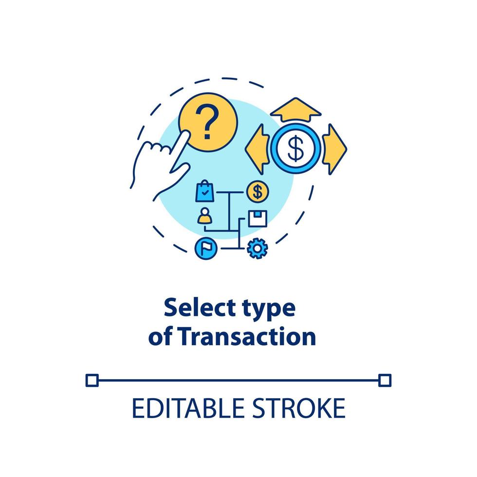 Select type of transaction concept icon. ATM operation idea thin line illustration. Money withdrawal procedure. Cashpoint, cashline. Banking. Vector isolated outline drawing. Editable stroke