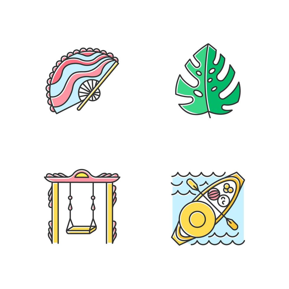 Indonesia color icons set. Tropical country plants. Trip to Indonesian islands. Exploring exotic culture traditions. Unique souvenirs. Floating market. Isolated vector illustrations