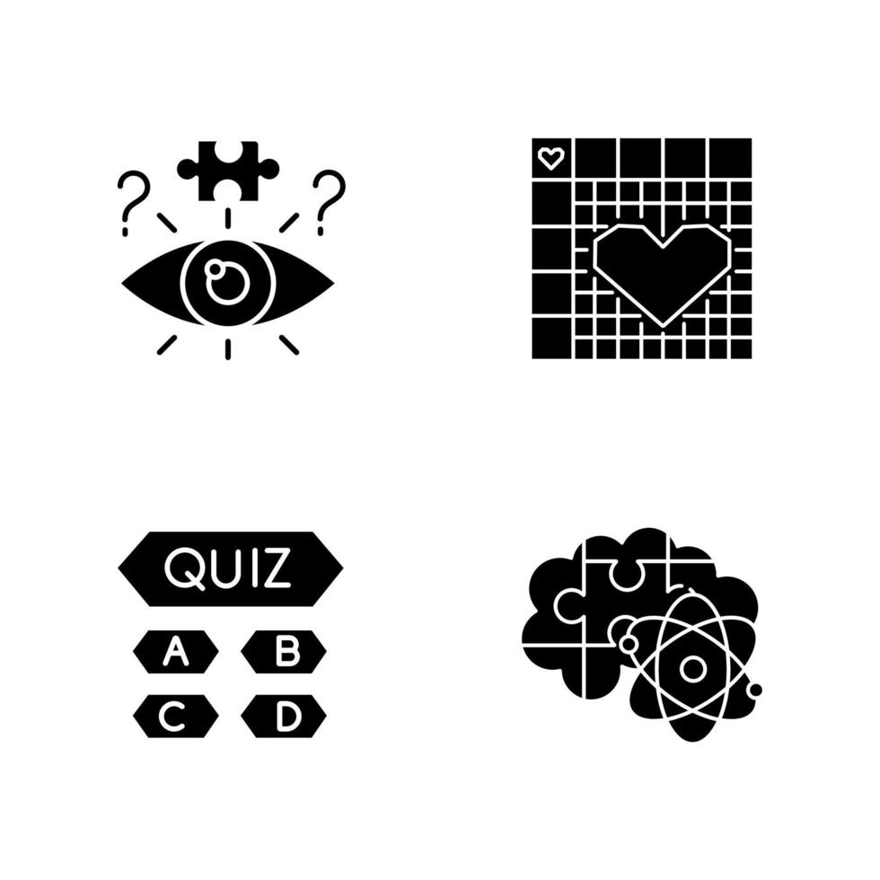 Playing cards puzzle glyph icons set. Logic game. Mental exercise. Challenge. Ingenuity, intelligence test. Brain teaser. Solution finding. Silhouette symbols. Vector isolated illustration