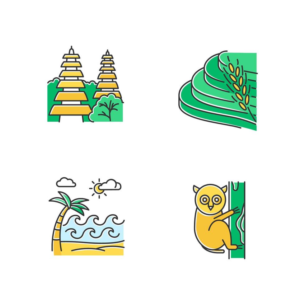 Indonesia color icons set. Tropical country animals. Vacation in Indonesian islands. Exploring exotic wildlife. Unique flora and fauna. Bali sightseeing and architecture. Isolated vector illustrations