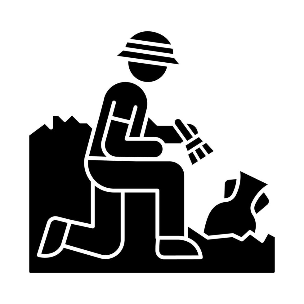 icono de glifo de excavación. arqueólogo. investigador. investigación de la cultura antigua. el hombre busca tesoros antiguos. historiador descubre jarrón. símbolo de silueta. espacio negativo. vector ilustración aislada