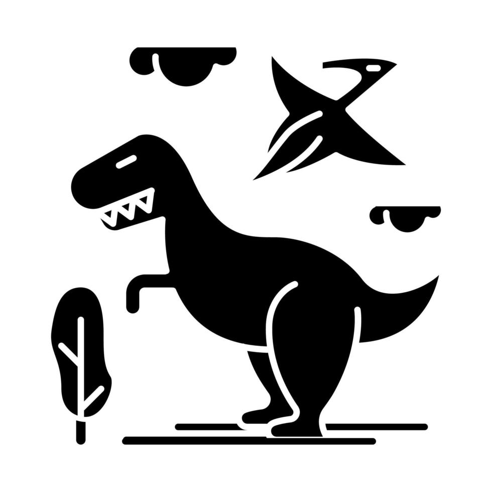 icono de glifo de dinosaurios. animales prehistóricos. tirano-saurio Rex. pterodáctilo volador. Parque jurásico. arqueología e historia. símbolo de silueta. espacio negativo. vector ilustración aislada