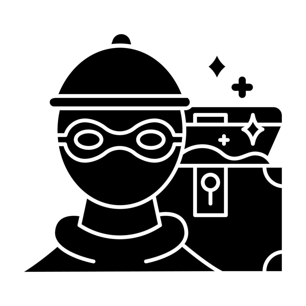 Marauding glyph icon. Treasure hunter. Artifact robbery. Criminal in mask. Open chest with gold. Burglary. Theft of ancient artifact. Silhouette symbol. Negative space. Vector isolated illustration