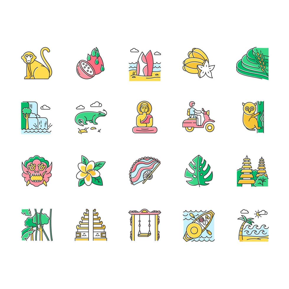 Indonesia color icons set. Tropical country animals. Trip to Indonesian islands. Exploring exotic culture. Unique fruits and plants. Nature and architecture wonders. Isolated vector illustrations