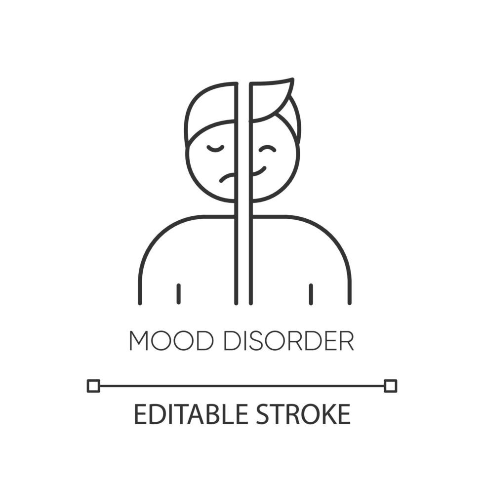 Mood disorder linear icon. Manic, depressive episodes. Dysthymia, cyclothymia. Emotional swing. Mental health. Thin line illustration. Contour symbol. Vector isolated outline drawing. Editable stroke