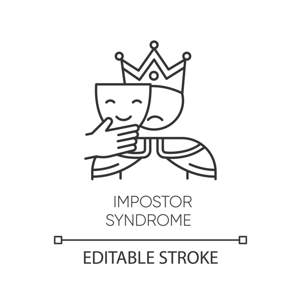 Impostor syndrome linear icon. Sad man with smile mask. Fraud, doubt. Impostorism. Hypocrisy. Mental issue. Thin line illustration. Contour symbol. Vector isolated outline drawing. Editable stroke