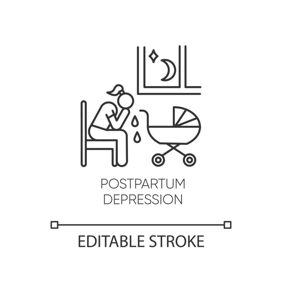 Postpartum depression linear icon. Crying woman. Stress. Tired mother. Mental problem. Postnatal anxiety. Thin line illustration. Contour symbol. Vector isolated outline drawing. Editable stroke