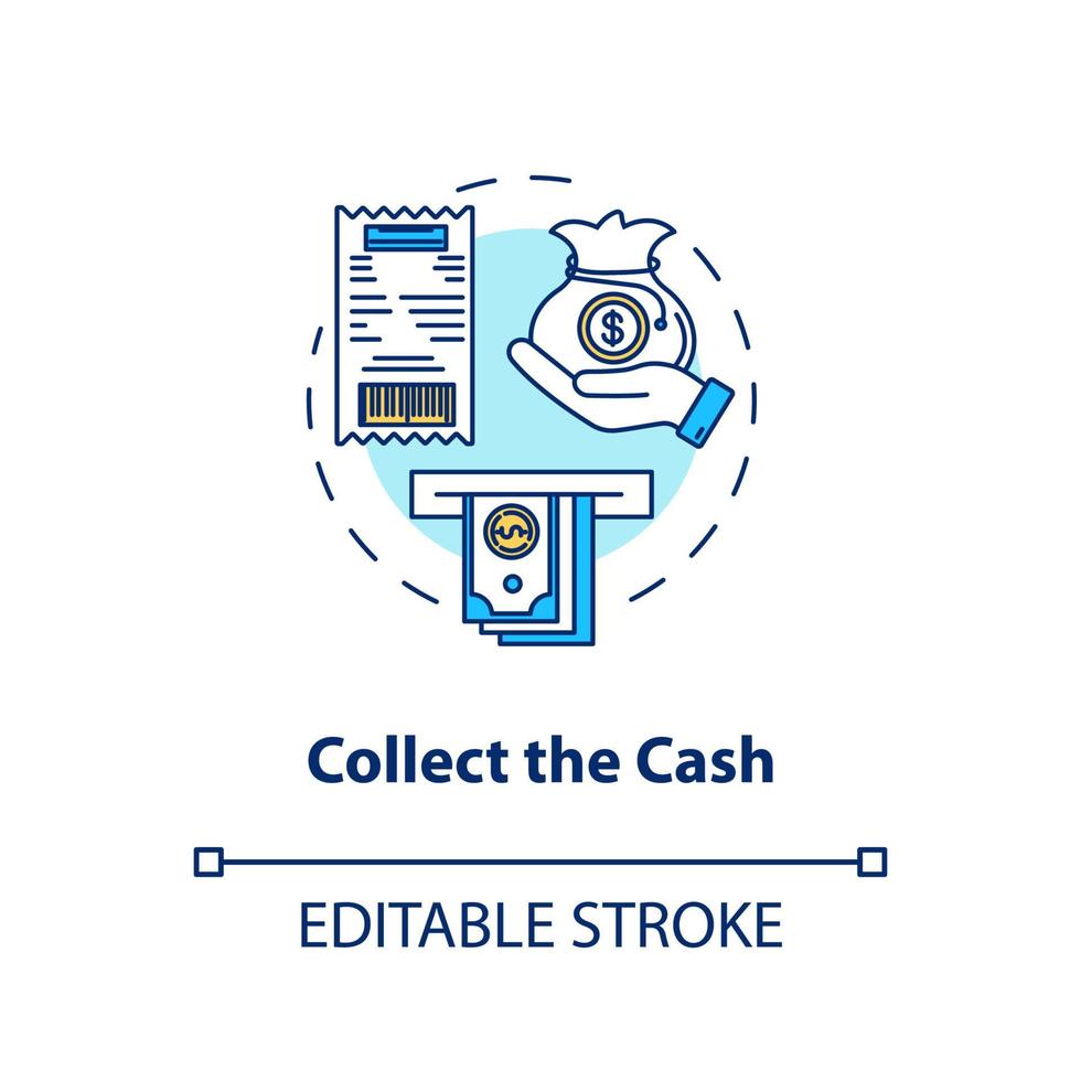 Collect cash concept icon. Money withdrawal idea thin line illustration. ATM transaction step. Bankomat. Cashpoint, cashline. Banking. Vector isolated outline drawing. Editable stroke