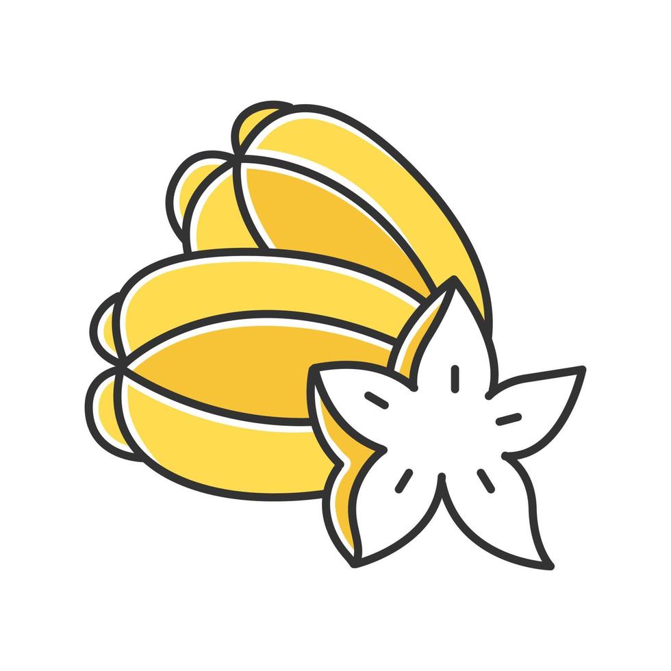 icono de color amarillo de fruta estrella. trozo de carambola. explorando las especialidades gastronómicas locales. viaje a indonesia. fruta de sabor único. manzana estrella asiática. planta tropical exótica. ilustración vectorial aislada vector