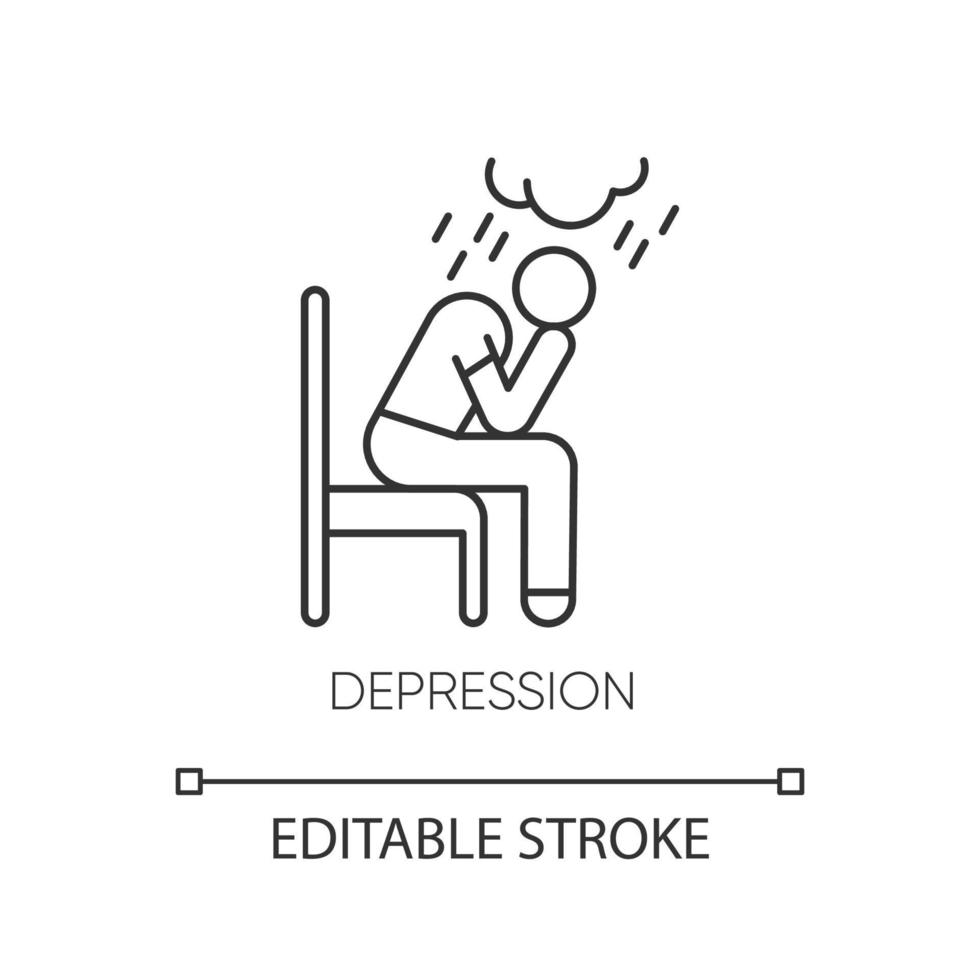 icono lineal de depresión. persona llorando. cansancio crónico y fatiga. frustración y estrés. trastorno mental. Ilustración de línea fina. símbolo de contorno. dibujo de contorno aislado vectorial. trazo editable vector