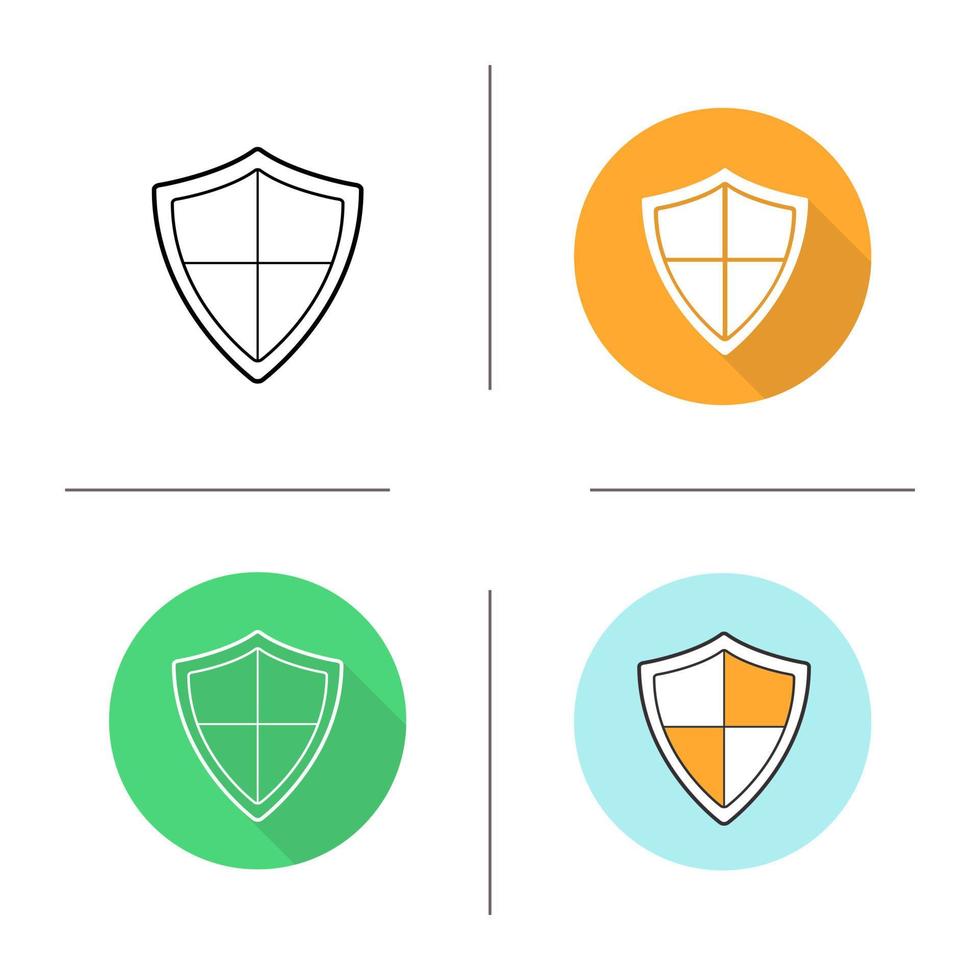 Shield icon. Flat design, linear and color styles. Protection, security, defense, guard, armor and safety pictogram. Isolated vector illustrations