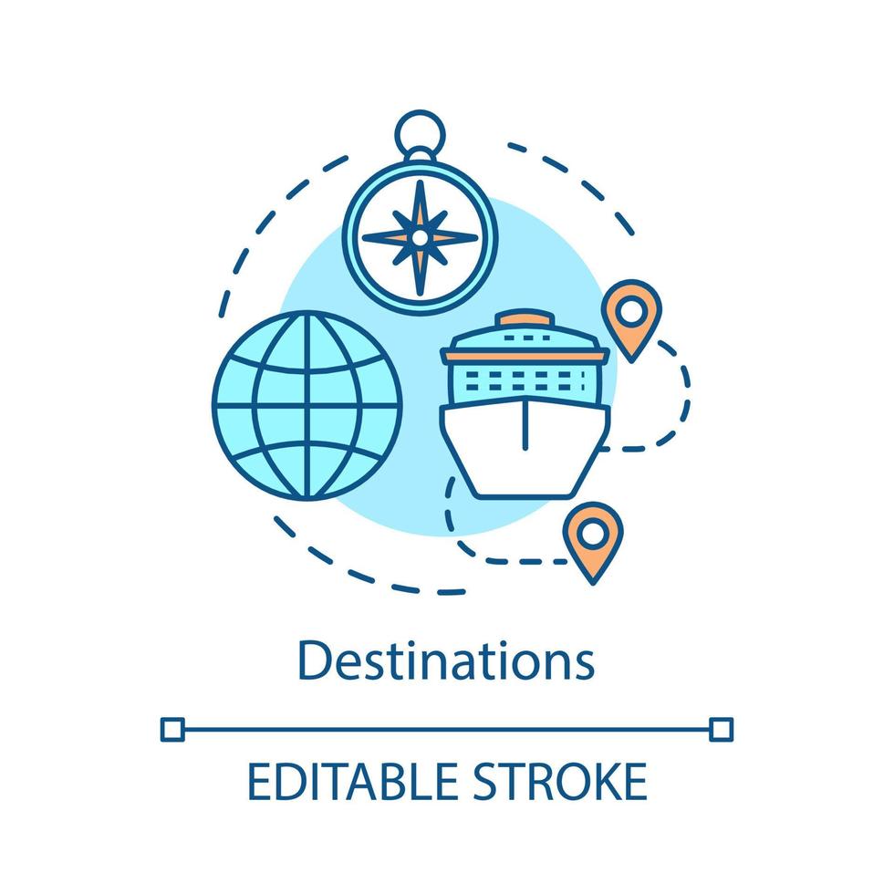 Travel destinations concept icon. Cruise route idea thin line illustration. Cruise liner with map pinpoints. Trip, voyage, marine journey planning. Vector isolated outline drawing. Editable stroke