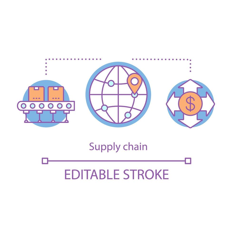 Supply chain concept icon. SCM idea thin line illustration. Logistic, delivery. Global supplying management. Business sustainability, traceability. Vector isolated outline drawing. Editable stroke