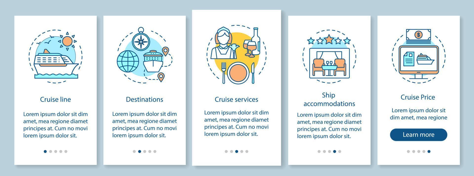 Cruise deals onboarding mobile app page screen, linear concepts. Trip, voyage planning walkthrough steps graphic instruction. Services, prices, destinations. UX, UI, GUI vector template, illustration