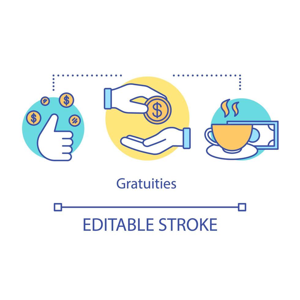 Gratuities concept icon. Payment idea thin line illustration. Gratitude for services in hotel. Paying money to waiter, chambermaid. Almsgiving. Vector isolated outline drawing. Editable stroke