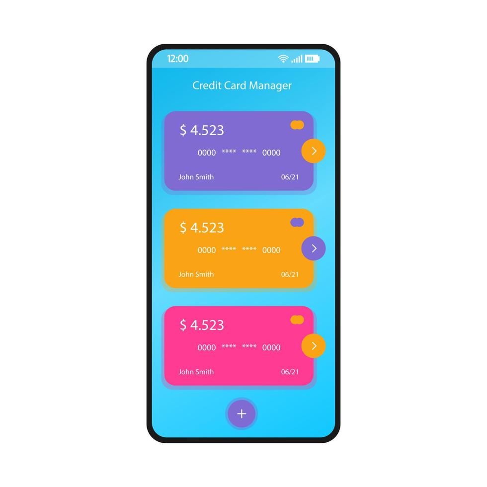 Credit card manager smartphone interface vector template. Mobile app page blue design layout. E-wallet, online banking screen. Flat UI for application. Balance management, e-payment. Phone display