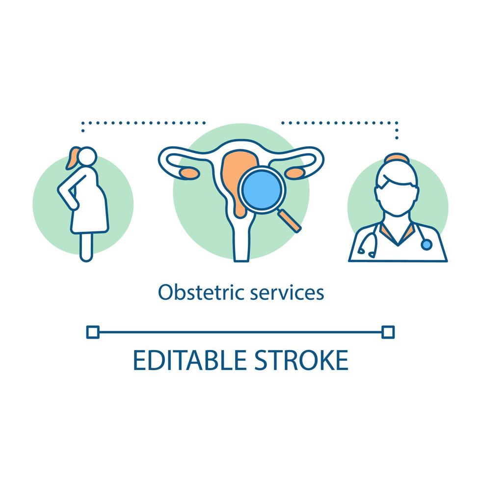 icono del concepto de servicios obstétricos. Ilustración de línea fina de idea de ayuda médica. ob gyn. centro de maternidad. cuidado prenatal. examen ginecológico, parto. dibujo aislado del vector. trazo editable vector