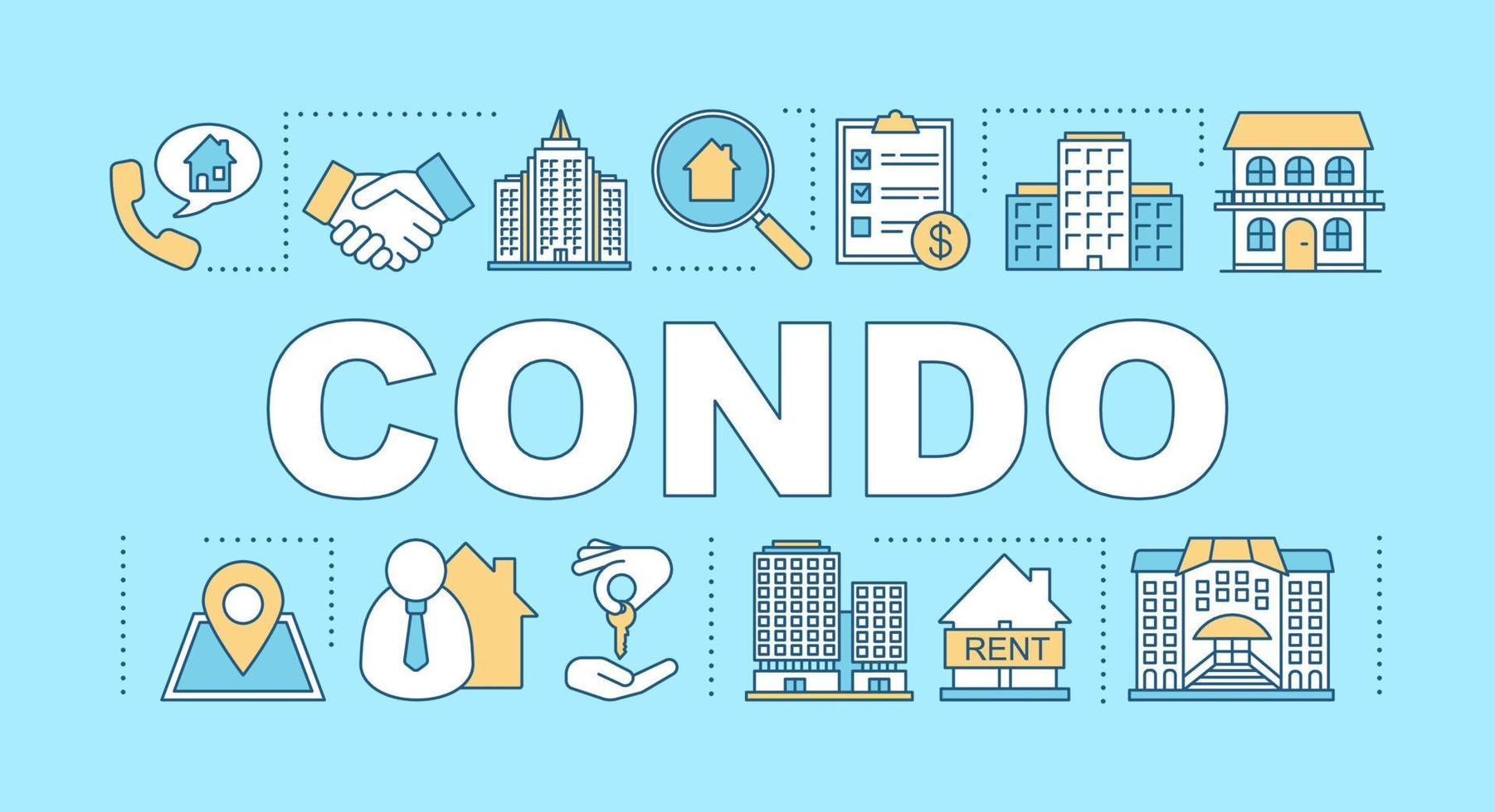 Banner de conceptos de palabra de condominio. apartamento en alquiler, venta. inversión en propiedades. presentación mercado inmobiliario, sitio web. idea de tipografía de letras aisladas con iconos lineales. ilustración de contorno vectorial vector