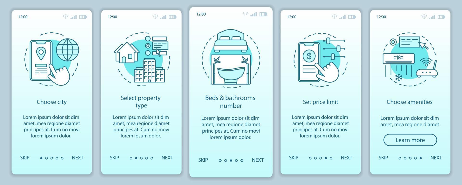 alquiler de propiedad onboarding pantalla de la página de la aplicación móvil con conceptos lineales. hotel apartamento reserva sitio web paso a paso pasos instrucciones gráficas. ux, ui, plantilla de vector de interfaz gráfica de usuario con ilustraciones