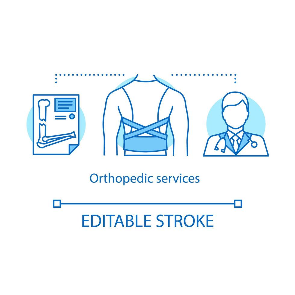 icono del concepto de servicios ortopédicos. Ilustración de línea fina de idea de examen clínico. lesión, tratamiento de trauma, fractura. ortopedista. corsé médico. dibujo de contorno aislado vectorial. trazo editable vector