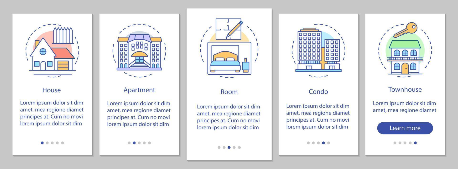 la pantalla de la página de la aplicación móvil de incorporación de bienes raíces con conceptos lineales. instrucciones gráficas de los pasos del tutorial de la casa, el apartamento, la habitación, el condominio, la casa adosada. ux, ui, plantilla de vector de interfaz gráfica de usuario con ilustraciones