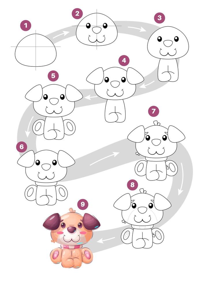 Drawing cartoon character domestic dog, step by step tutorial. vector