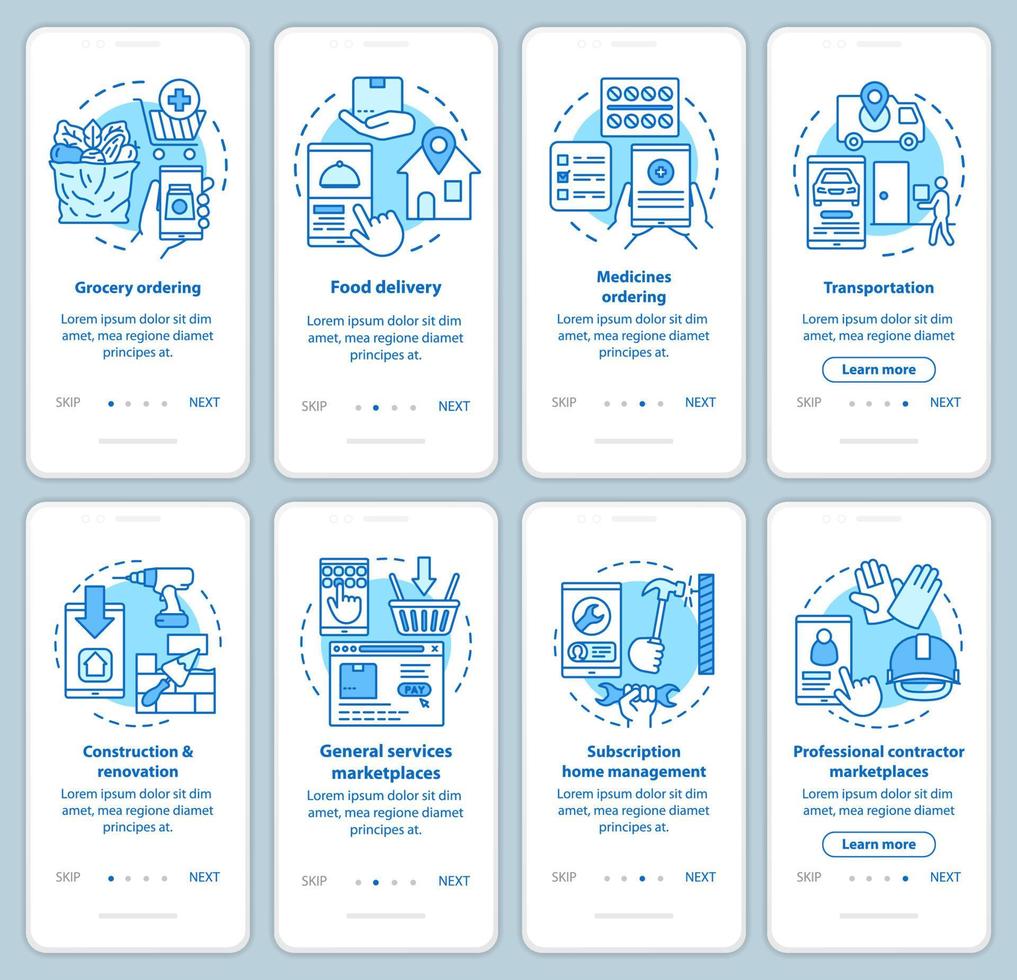 Supply and demand onboarding mobile app page screen with linear concepts set. Commercial services industry walkthrough steps graphic instructions. UX, UI, GUI vector template with illustrations