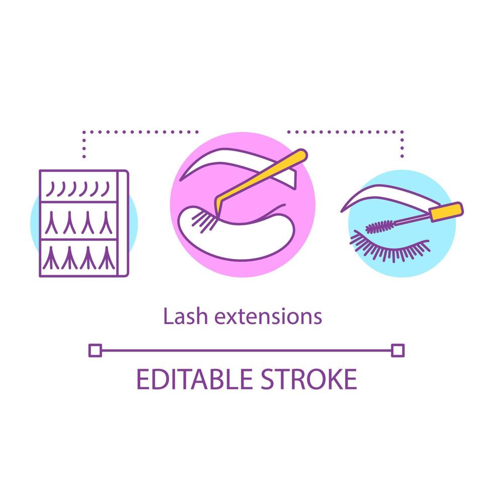 Lash extensions concept icon. Beauty service idea thin line illustration. Classic, 2d and 3d volume. Procedure in beauty salon. Eyelash dyeing. Vector isolated outline drawing. Editable stroke
