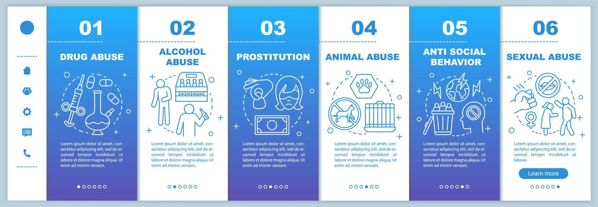 Social issues onboarding mobile web pages vector template. Single parenthood, child labour, abortion, gender inequality. Responsive smartphone website interface. Webpage walkthrough step screens