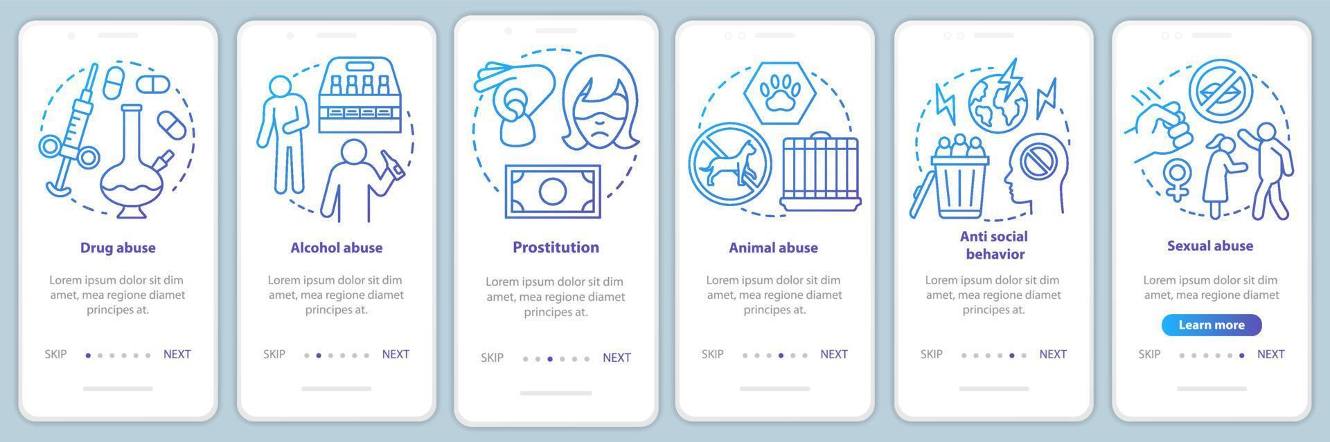 Behavioral problems onboarding mobile app page screen with linear concept. Drug and alcohol abuse, sexual harassment walkthrough graphic instructions. UX, UI, GUI vector template with icon
