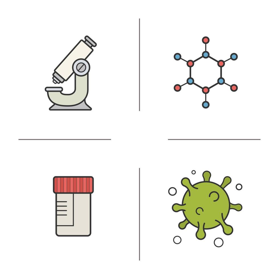 Science laboratory color icons set. Microscope, molecule structure and virus, medical tests jar. Vector isolated illustrations