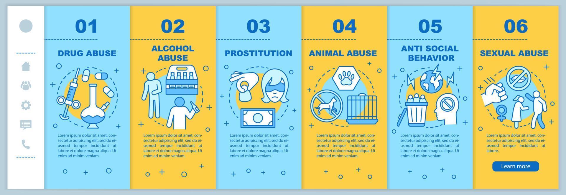 Social issues onboarding mobile web pages vector template. Single parenthood, child labour, abortion, gender inequality. Responsive smartphone website interface idea. Webpage walkthrough step screens