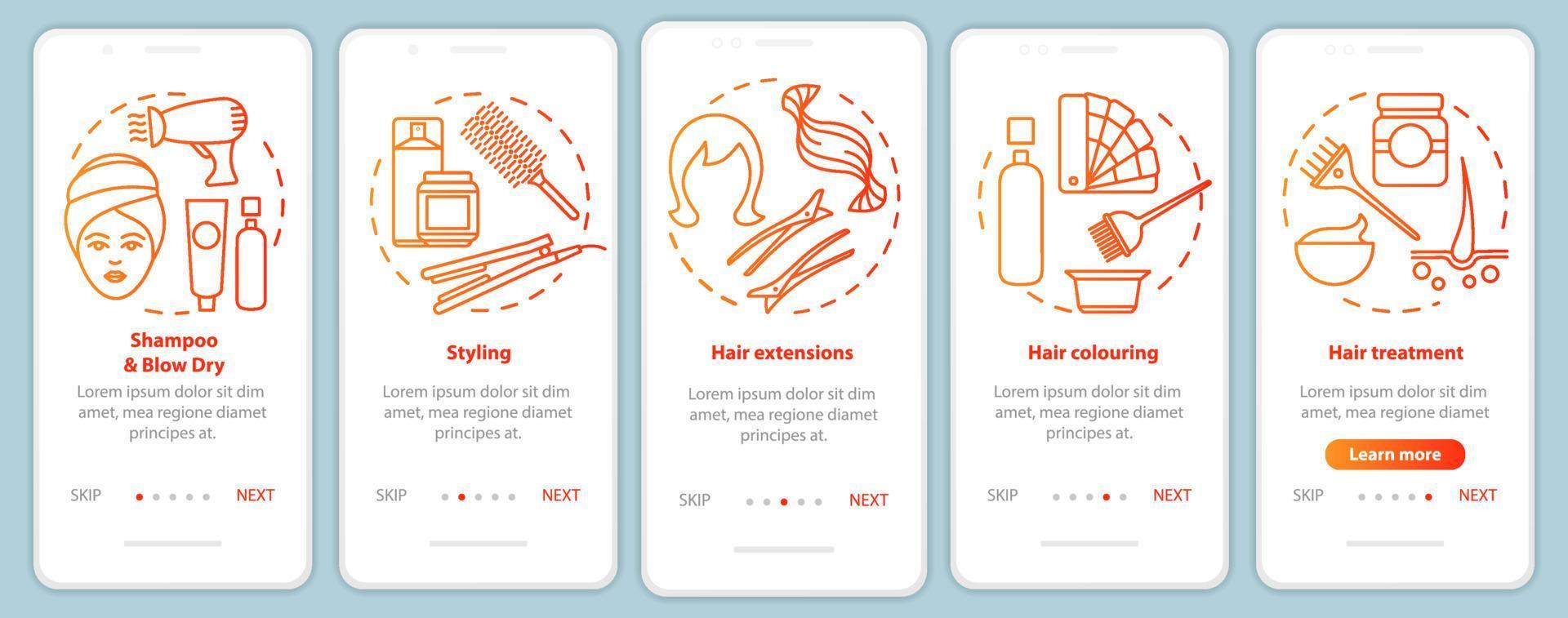 servicios de peluquería plantilla de vector de pantalla de página de aplicación móvil de incorporación roja. salón de peluquería. paso a paso del sitio web con ilustraciones lineales. concepto de interfaz de teléfono inteligente ux, ui, gui