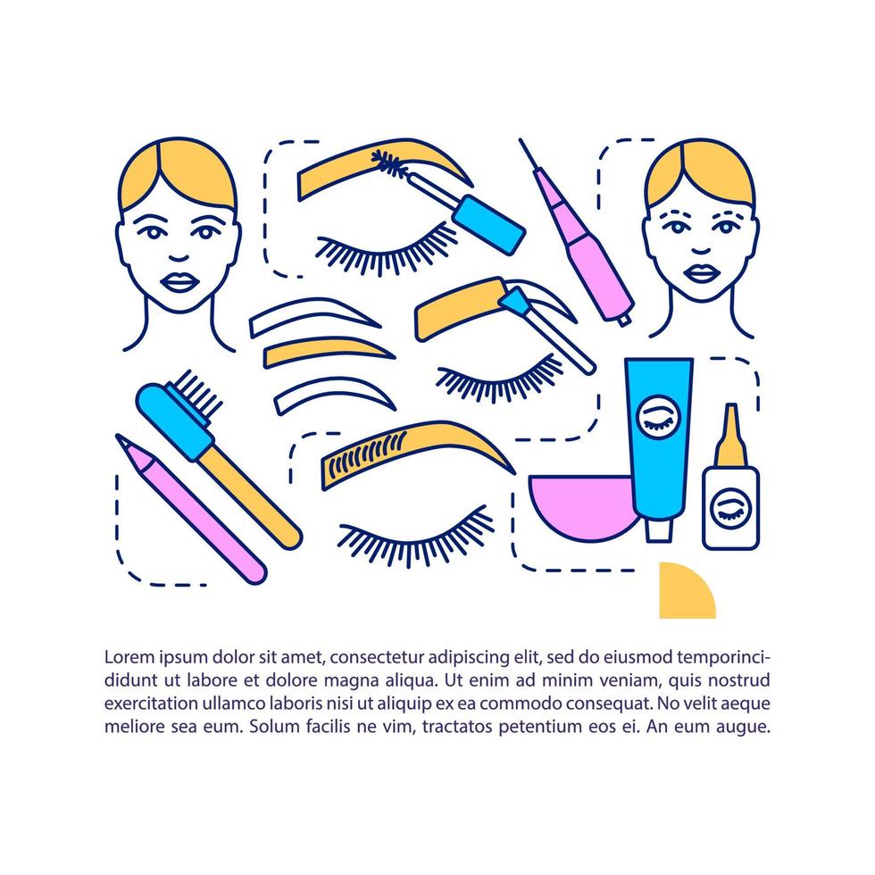 Eyebrow tattoo article page vector template. Microblading procedure. Brochure, magazine, booklet design element with linear icons and text boxes. Print design. Concept illustrations with text space