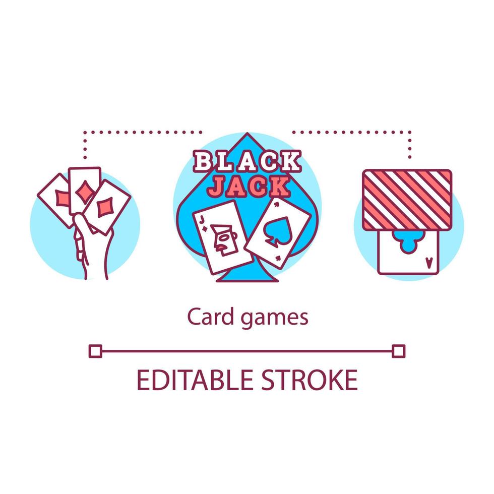 Blackjack and poker concept icon. Black jack. Card games idea thin line illustration. Gambling, casino. Ace, playing cards deck and suits. ector isolated outline drawing. Editable stroke vector